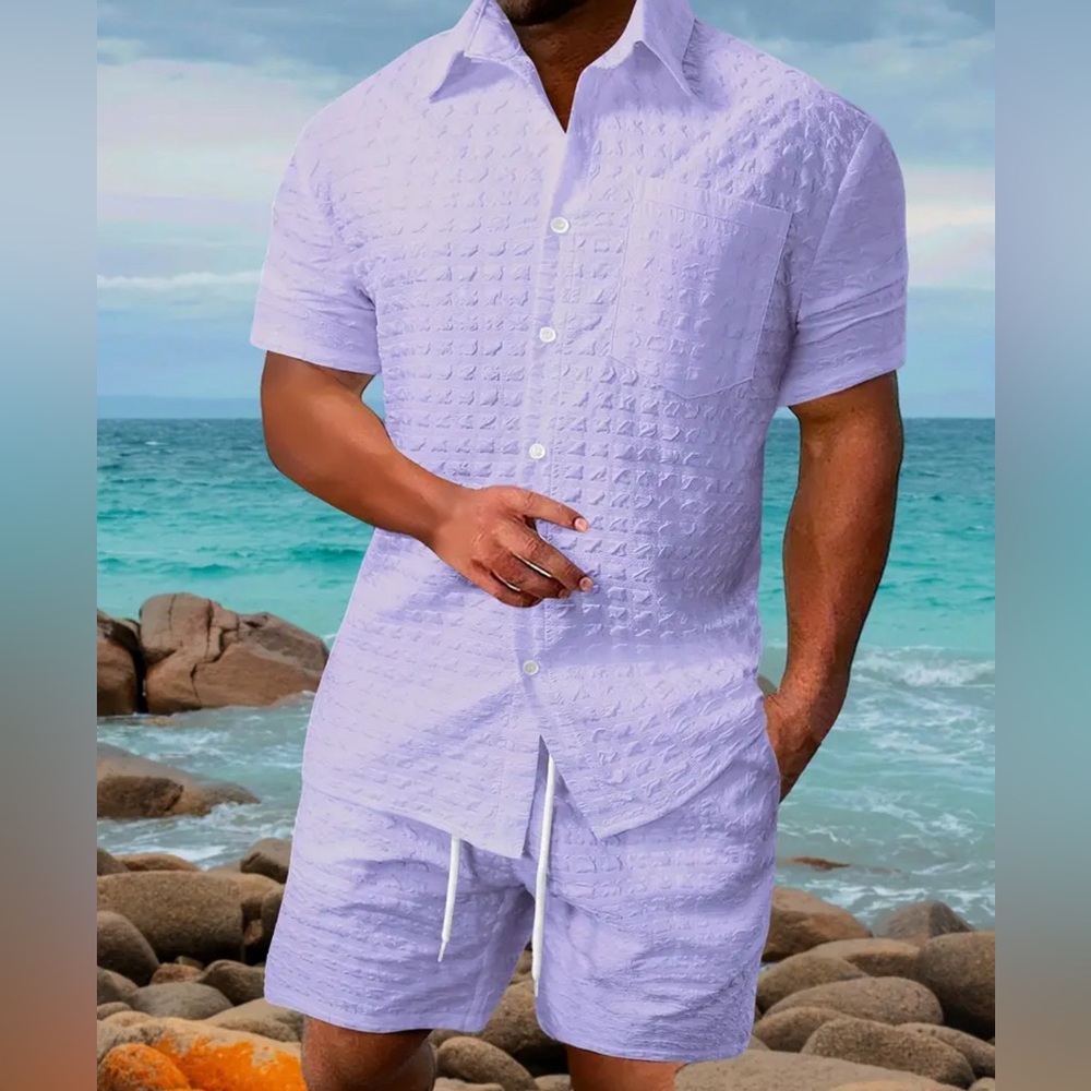 2-piece Casual Men's Outfit Set, Short Sleeve Button Down Shirt W/ Chest Pocket